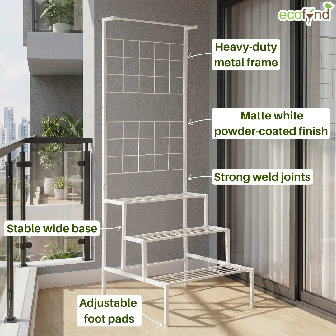 White 3-Tier Metal Planter Stand with Trellis Back – Space-Saving Plant Display - Image 3