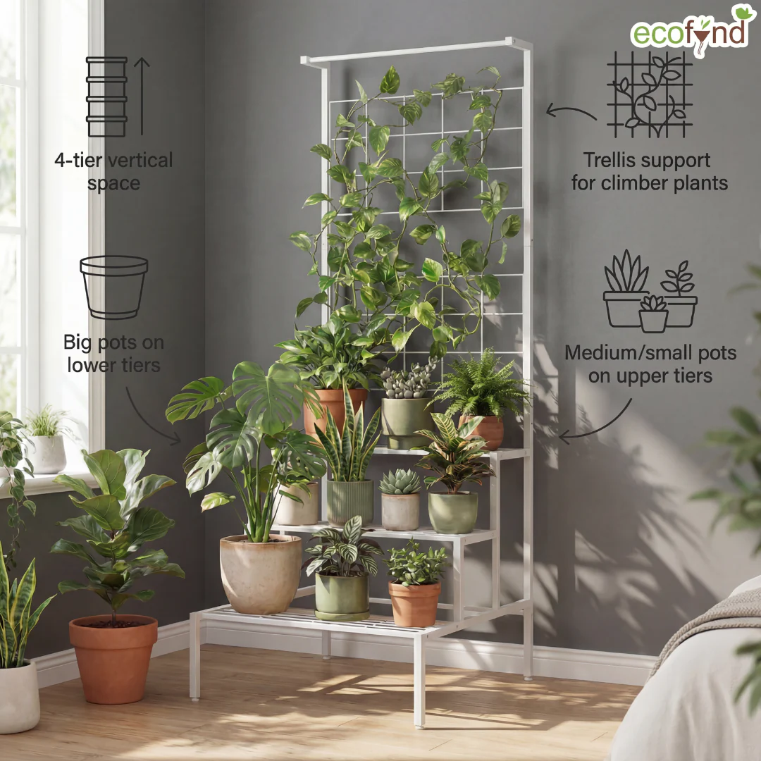 White 3-Tier Metal Planter Stand with Trellis Back – Space-Saving Plant Display - Image 4