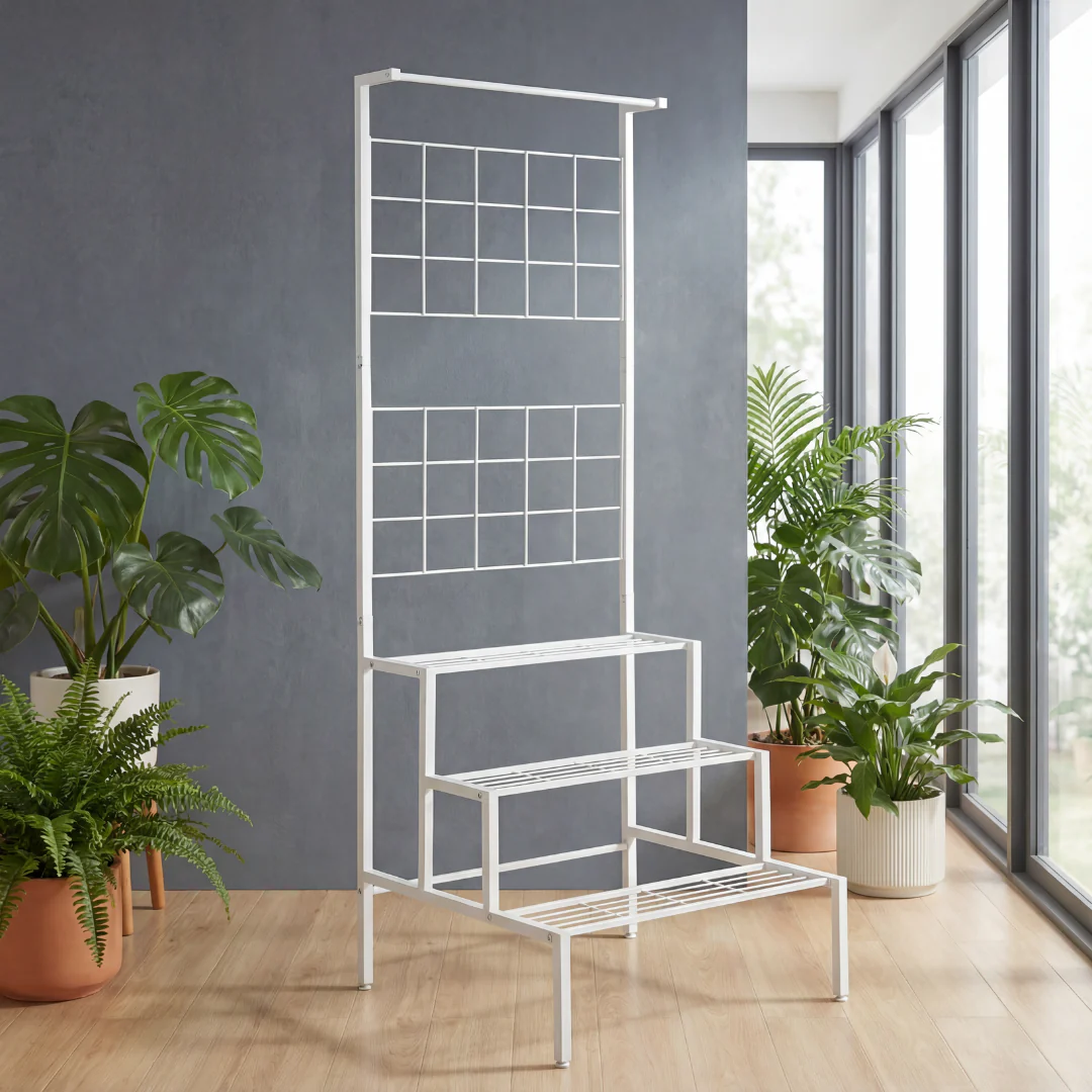 White 3-Tier Metal Planter Stand with Trellis Back – Space-Saving Plant Display - Image 6