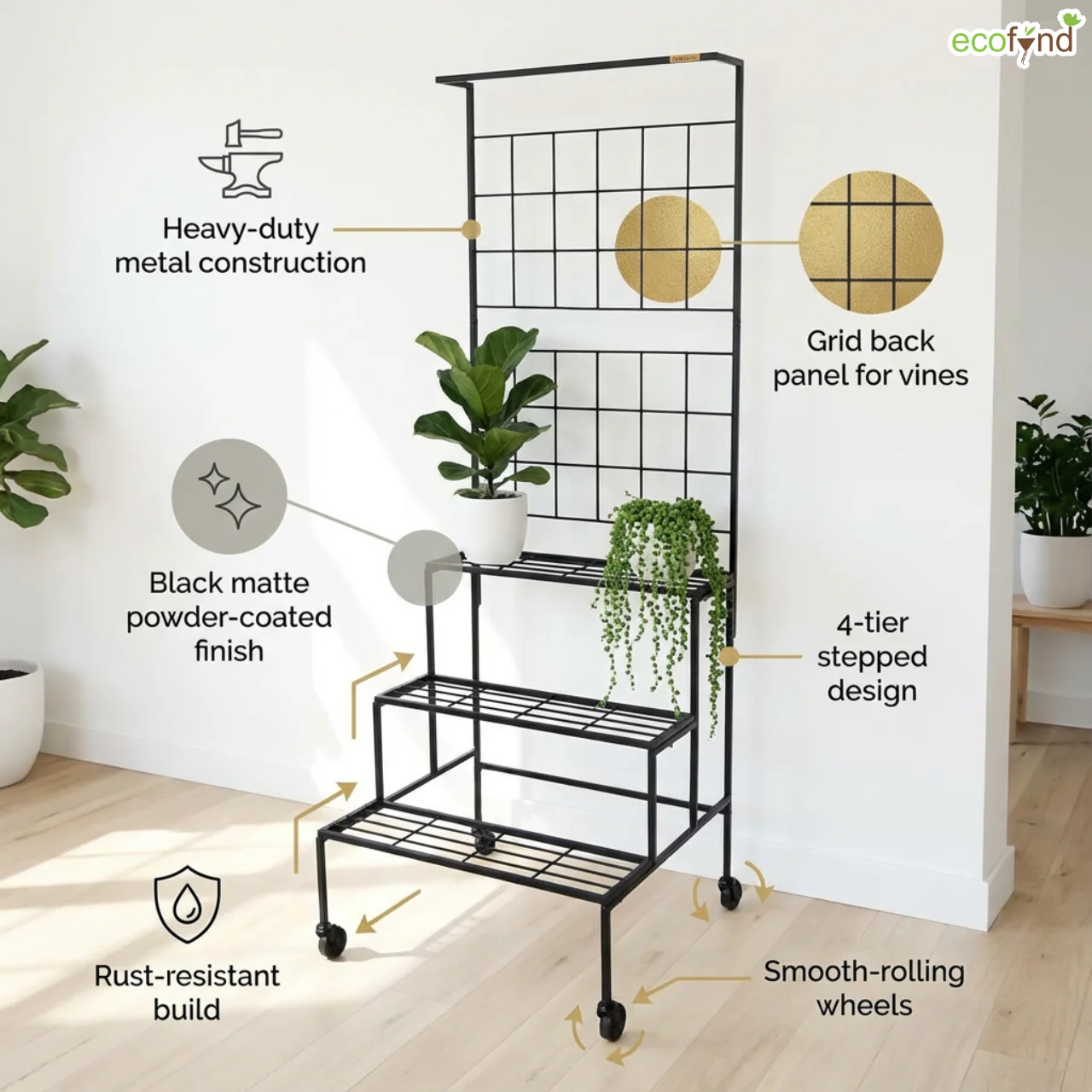 Bloom 4-Tier Black Metal Plant Stand with Wheels – Stylish Indoor & Outdoor Organizer - Image 3