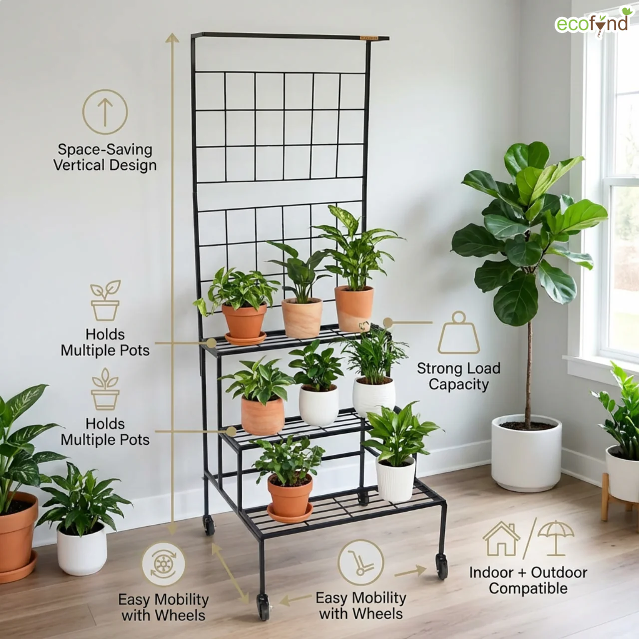 Bloom 4-Tier Black Metal Plant Stand with Wheels – Stylish Indoor & Outdoor Organizer - Image 4