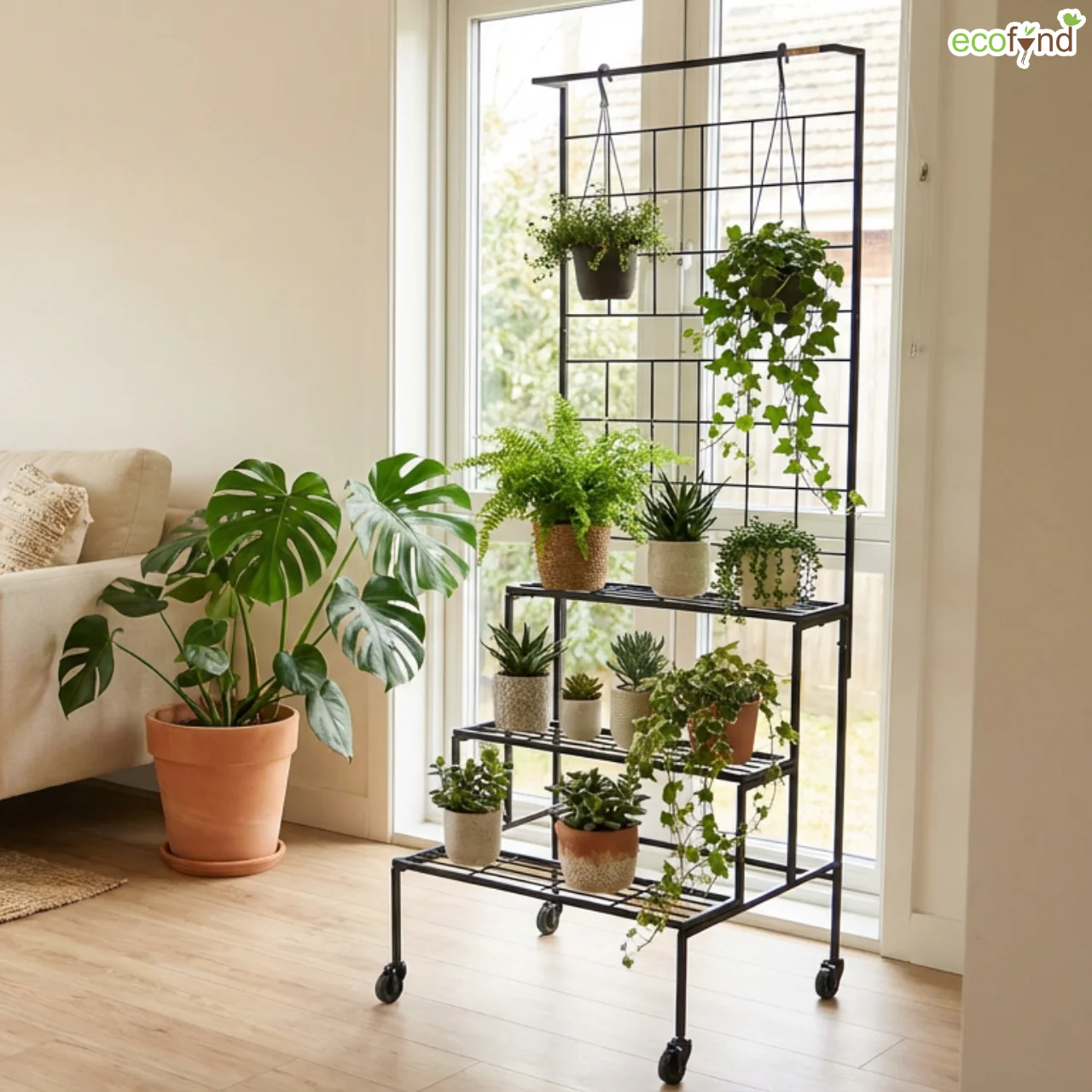 Bloom 4-Tier Black Metal Plant Stand with Wheels – Stylish Indoor & Outdoor Organizer - Image 5