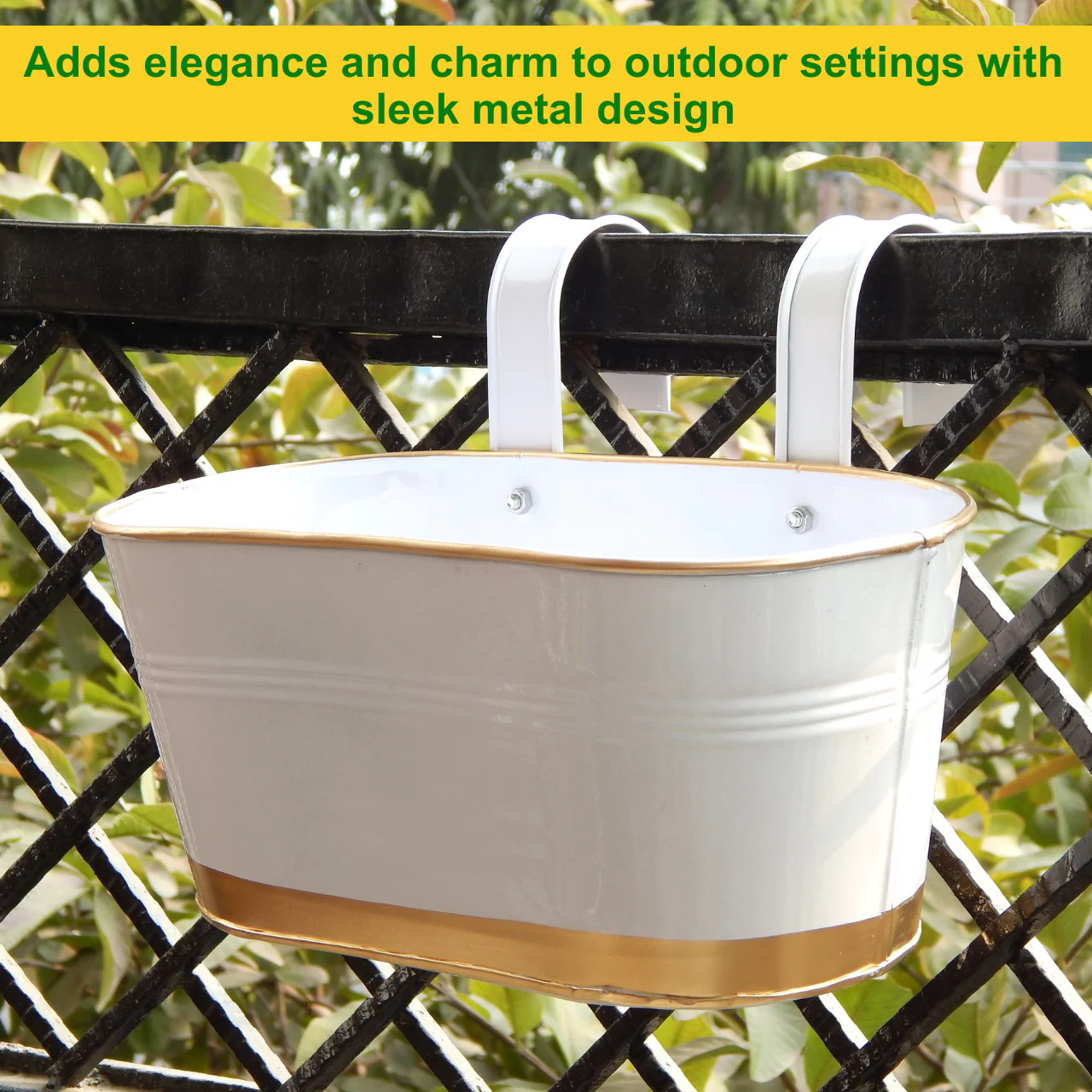 Metal Balcony Railing Planter – Stylish White & Gold Hanging Flower Pot - Image 6
