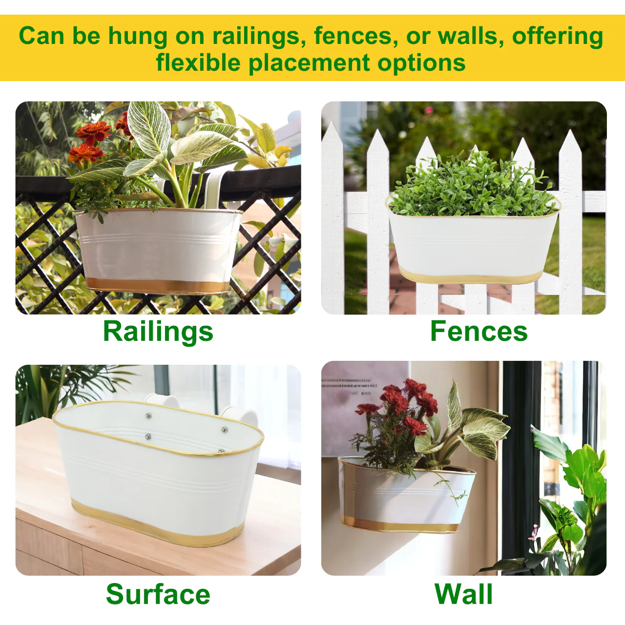 Metal Balcony Railing Planter – Stylish White & Gold Hanging Flower Pot - Image 8