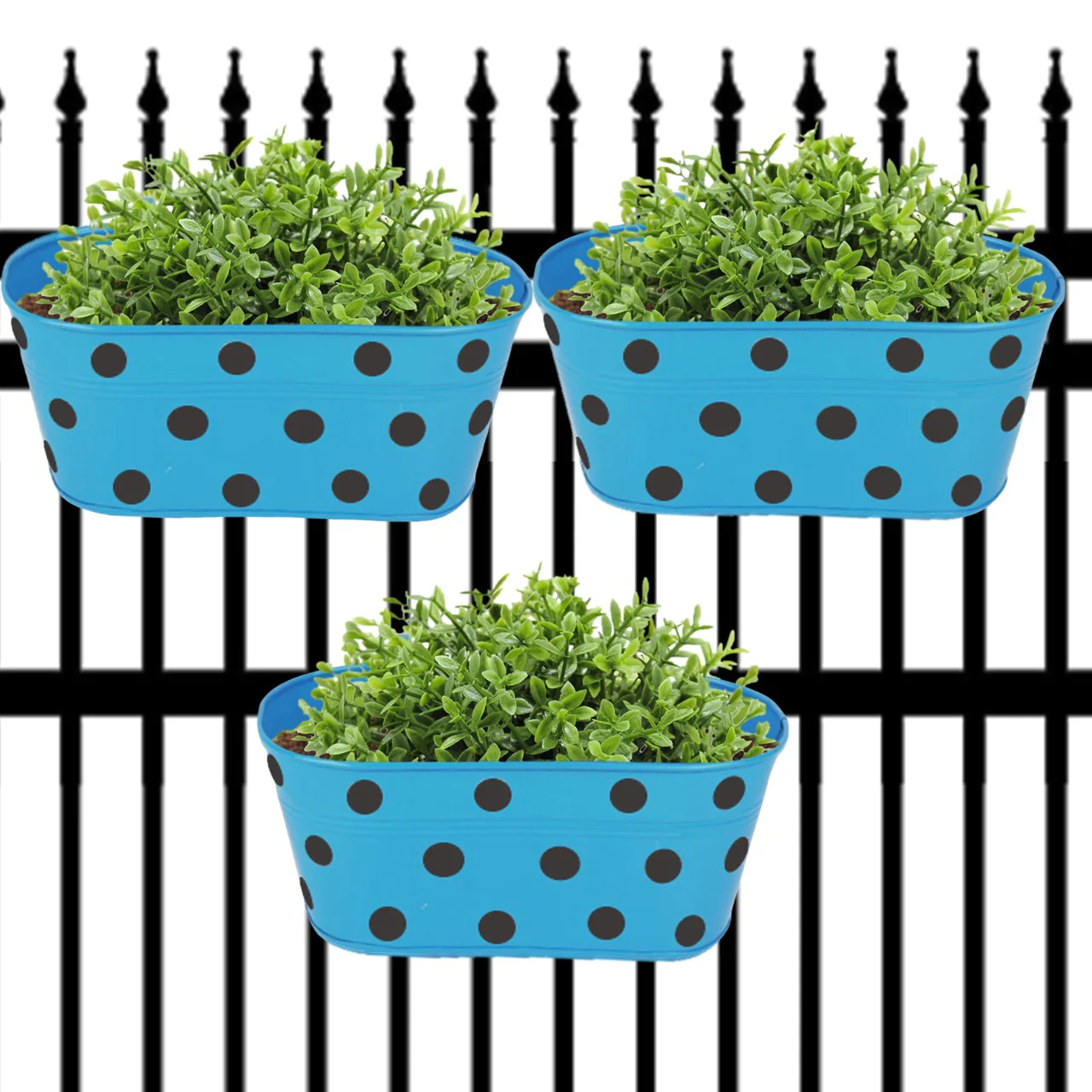Blue Oval Polka-Dot Railing Planter – 10 Inch Decorative Balcony Set - Image 6