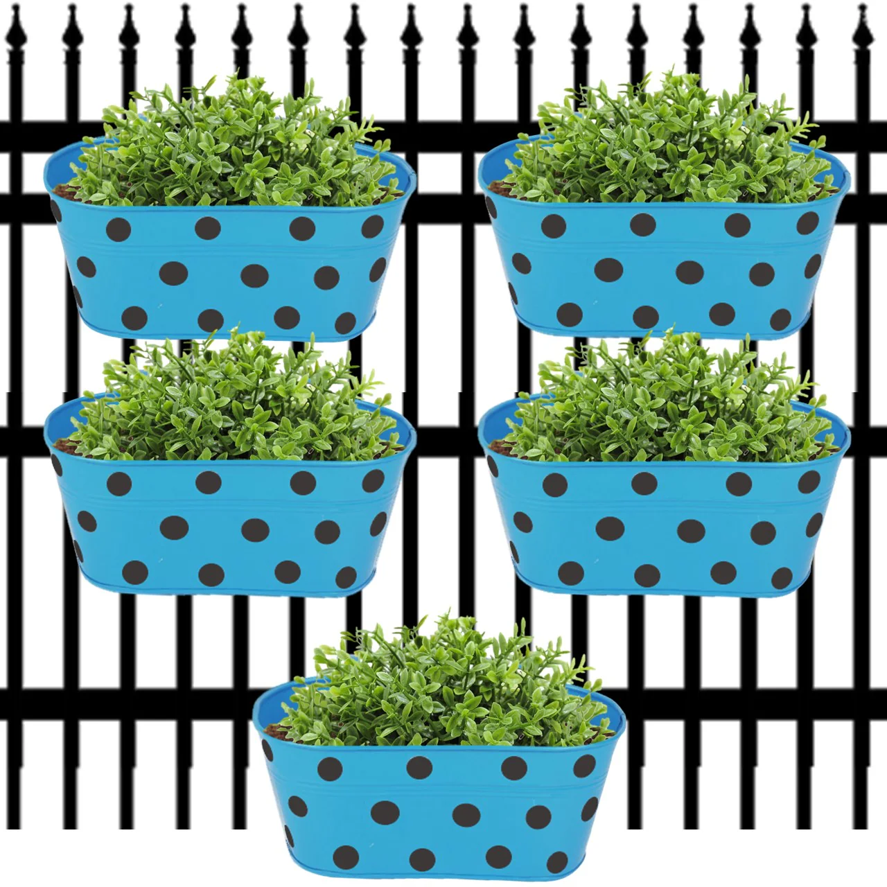 Blue Oval Polka-Dot Railing Planter – 10 Inch Decorative Balcony Set - Image 8