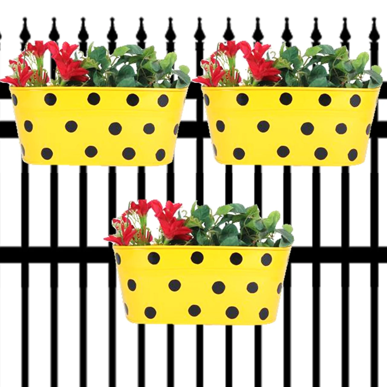 Yellow Oval Polka-Dot Railing Planter – 10 Inch Decorative Balcony Set - Image 6