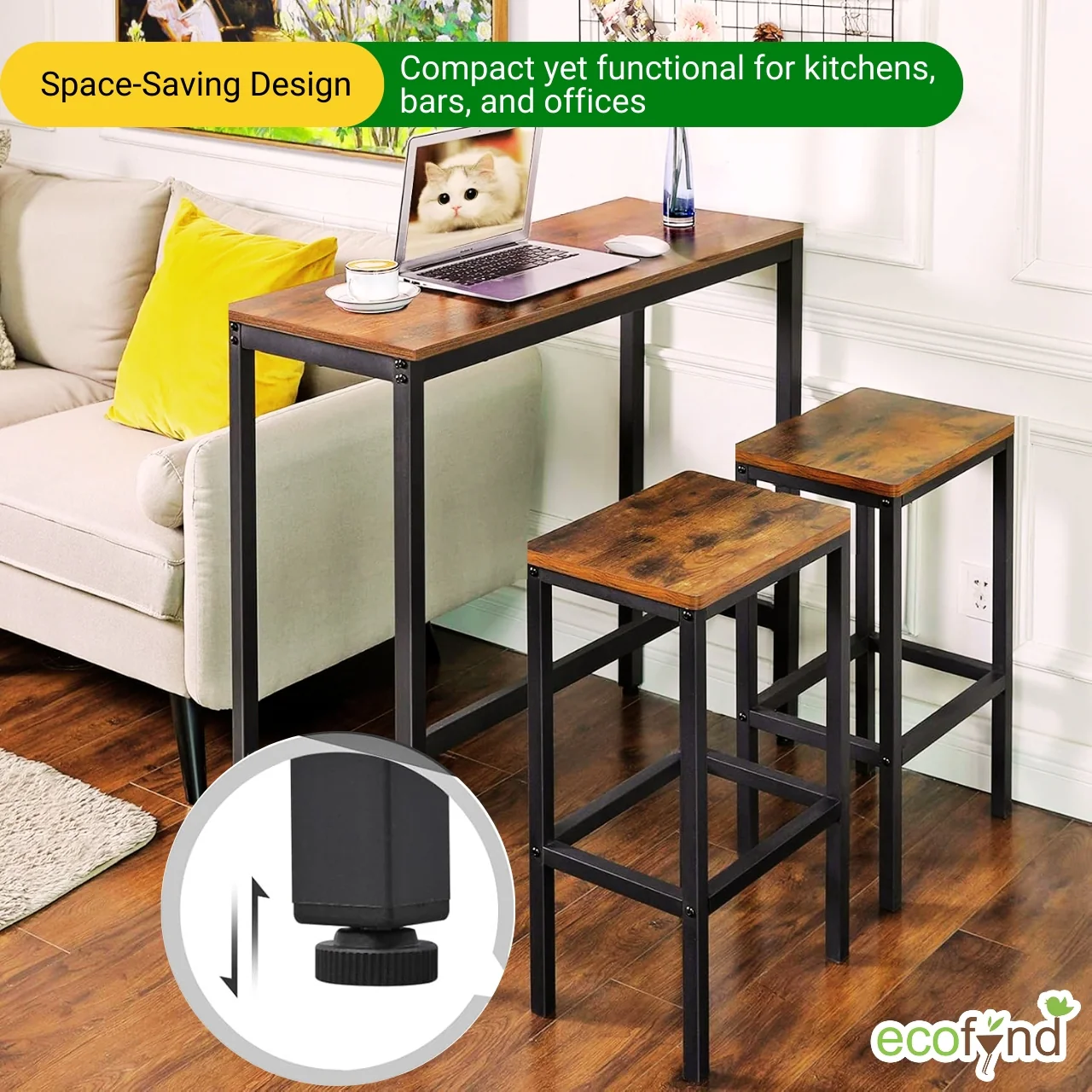 Bar Table Set with 2 Stools – Engineered Wood & Metal Dining Table - Image 4