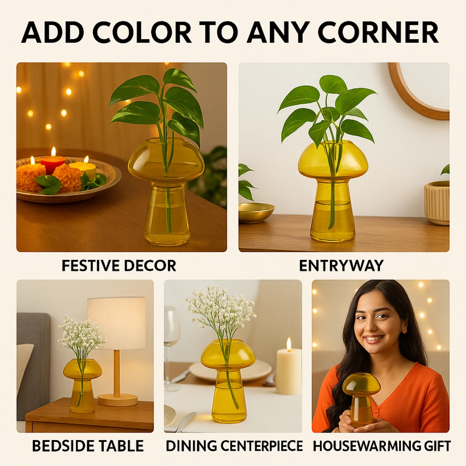 Glass Vase for Flowers & Décor – Mushroom Shaped | Yellow - Image 4