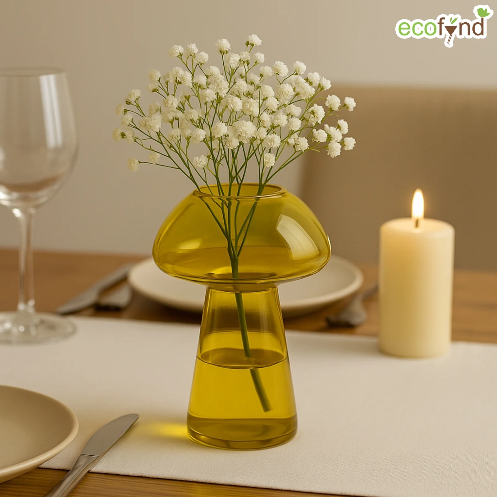 Glass Vase for Flowers & Décor – Mushroom Shaped | Yellow - Image 6