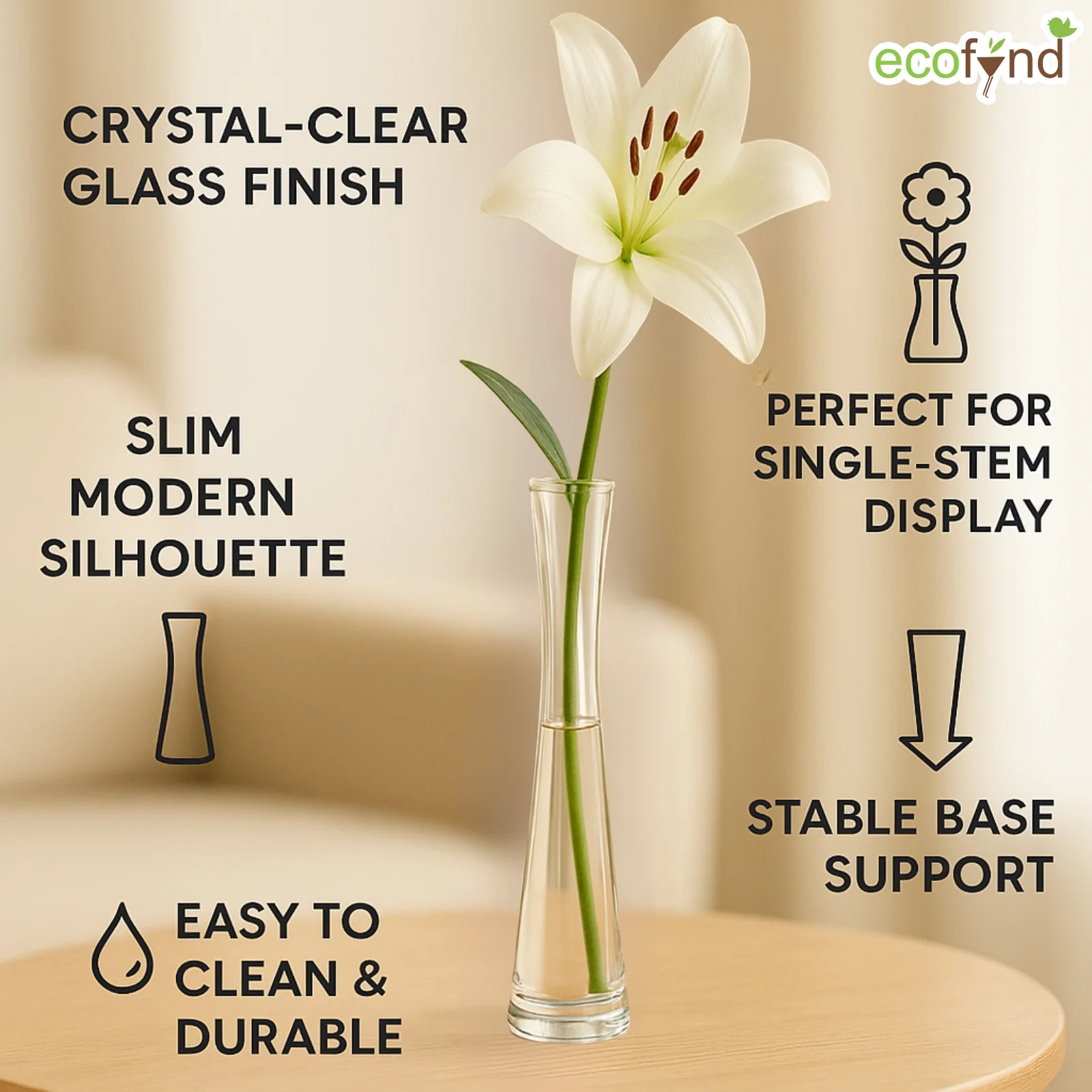 Glass Vase for Flowers & Décor – Cylindrical Slim | Clear - Image 3