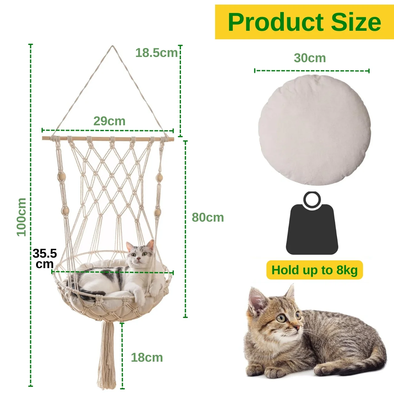 Ecofynd Macrame Hanging Cat Hammock with Cushion – Boho Pet Bed for Cats - Image 3