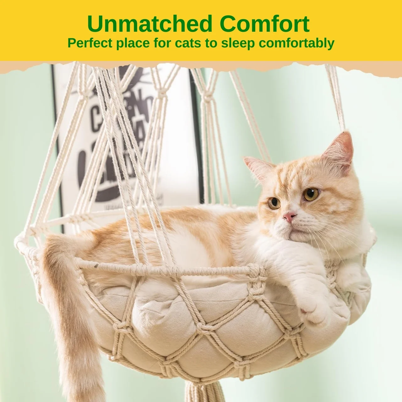 Ecofynd Macrame Hanging Cat Hammock with Cushion – Boho Pet Bed for Cats - Image 4