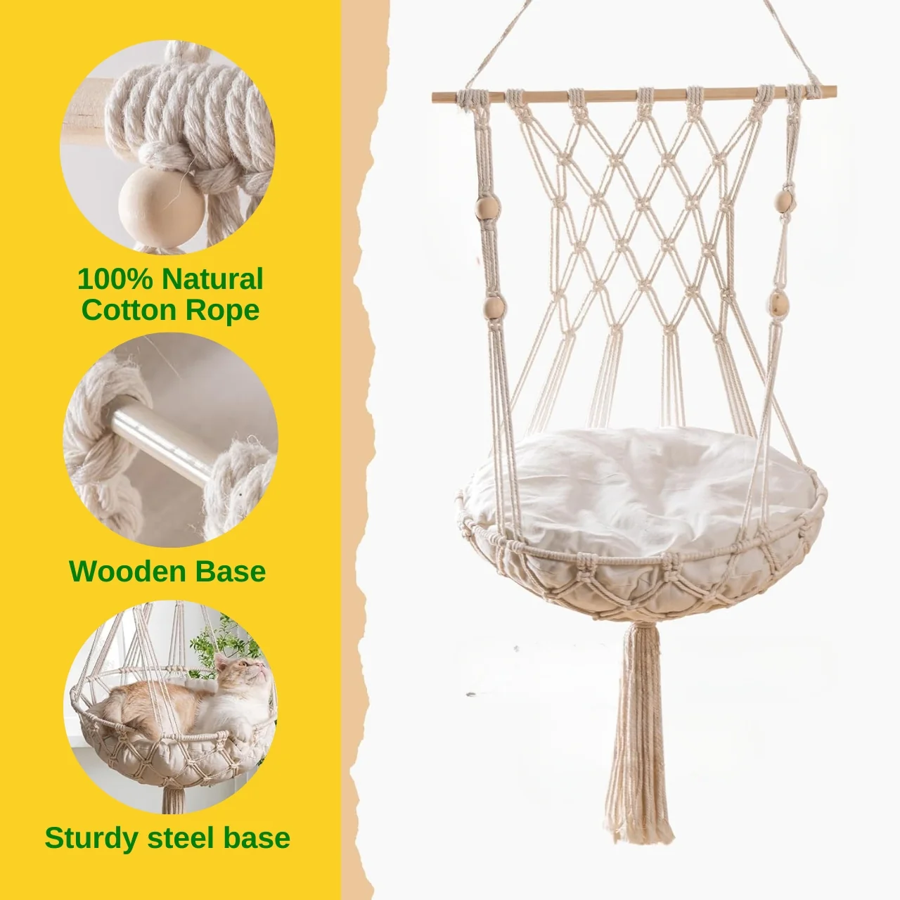 Ecofynd Macrame Hanging Cat Hammock with Cushion – Boho Pet Bed for Cats - Image 5