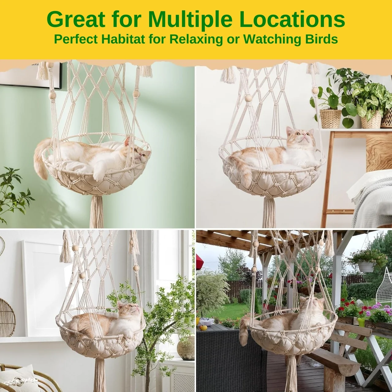 Ecofynd Macrame Hanging Cat Hammock with Cushion – Boho Pet Bed for Cats - Image 6