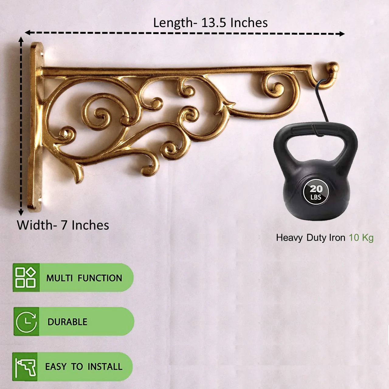 Golden Finish Aluminium Wall Plant Bracket – Heavy-Duty Long Hook - Image 4