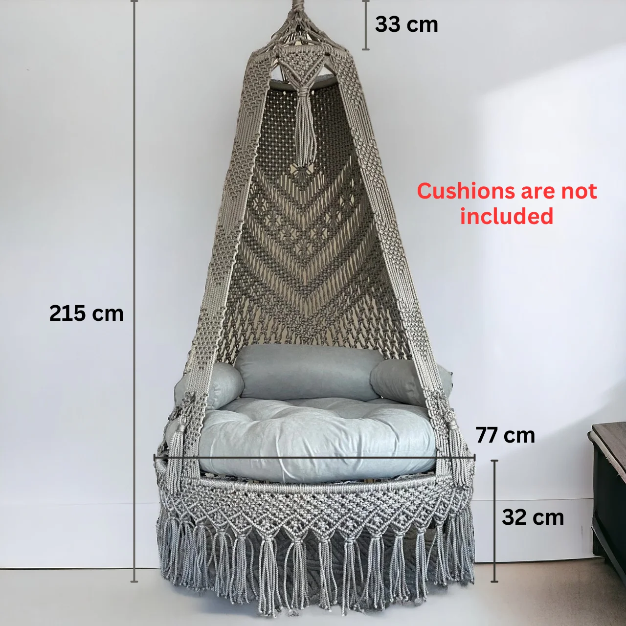 Premium Gray Macrame Swing Hammock with Cushion – Boho Hanging Comfort Chair - Image 3