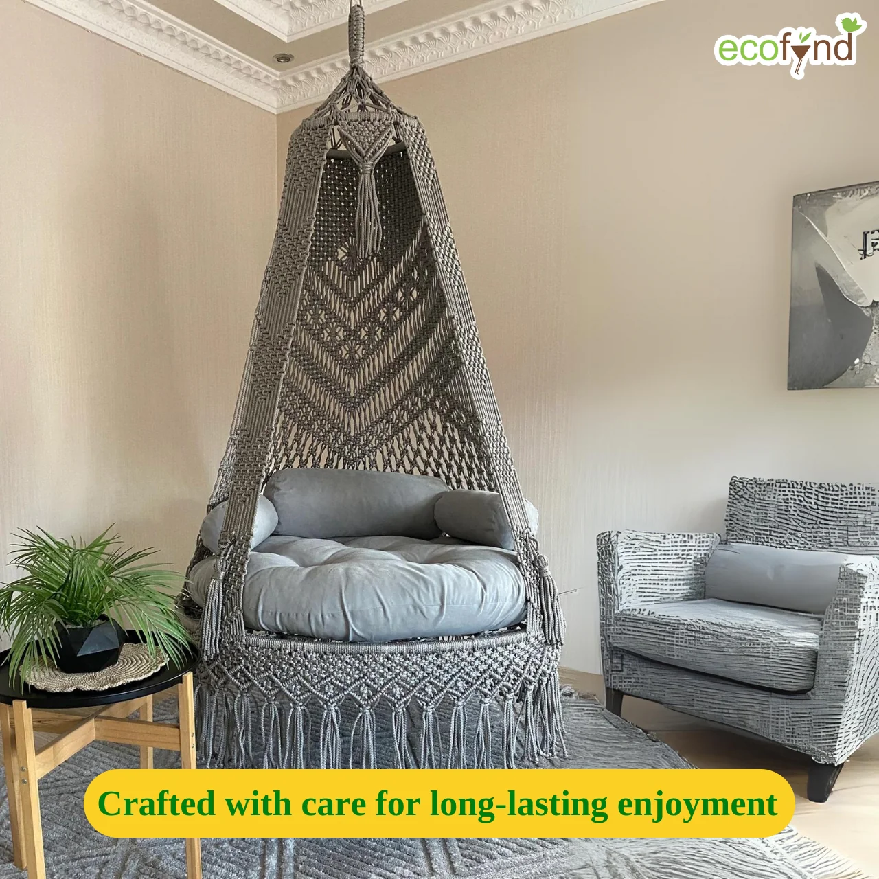 Premium Gray Macrame Swing Hammock with Cushion – Boho Hanging Comfort Chair - Image 4