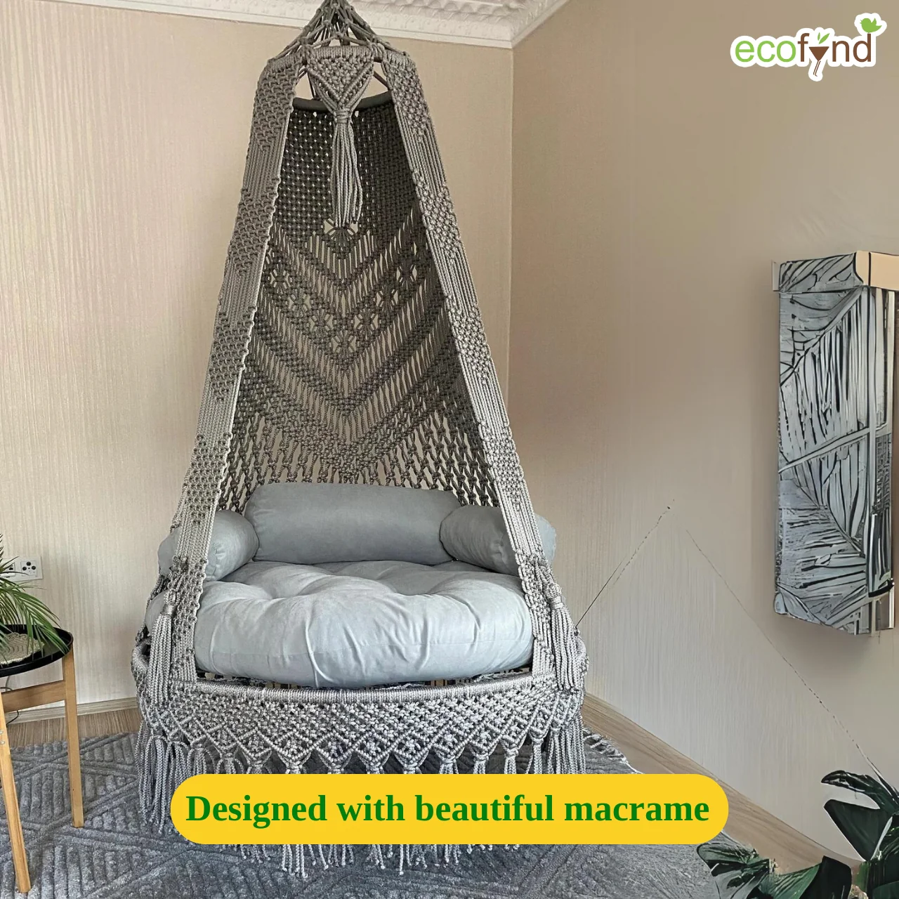Premium Gray Macrame Swing Hammock with Cushion – Boho Hanging Comfort Chair - Image 5