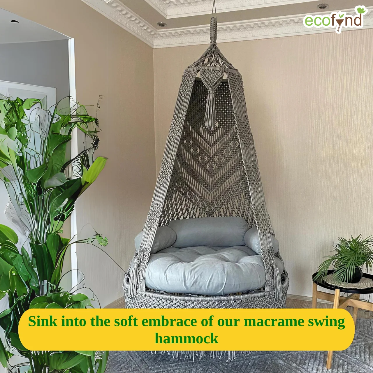 Premium Gray Macrame Swing Hammock with Cushion – Boho Hanging Comfort Chair - Image 6