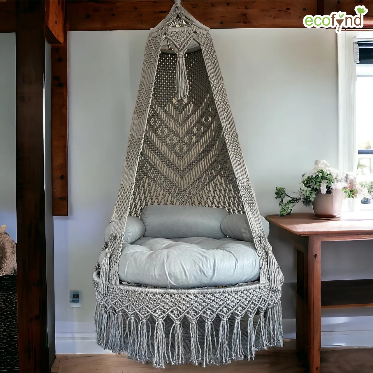 Premium Gray Macrame Swing Hammock with Cushion – Boho Hanging Comfort Chair - Image 7