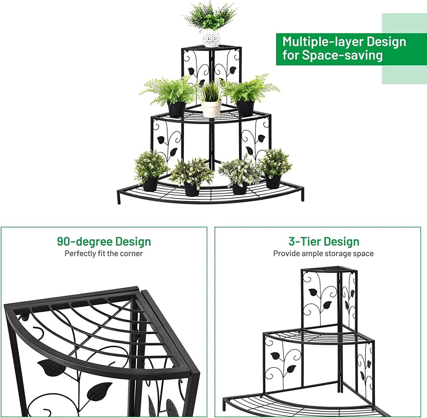 Corner Leaf Metal Plant & Utility Stand – 3 Tier (8 Pots) - Image 4