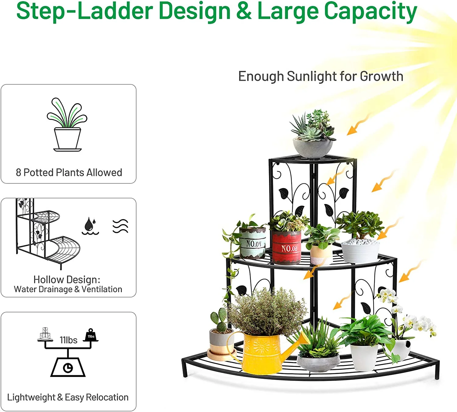 Corner Leaf Metal Plant & Utility Stand – 3 Tier (8 Pots) - Image 7