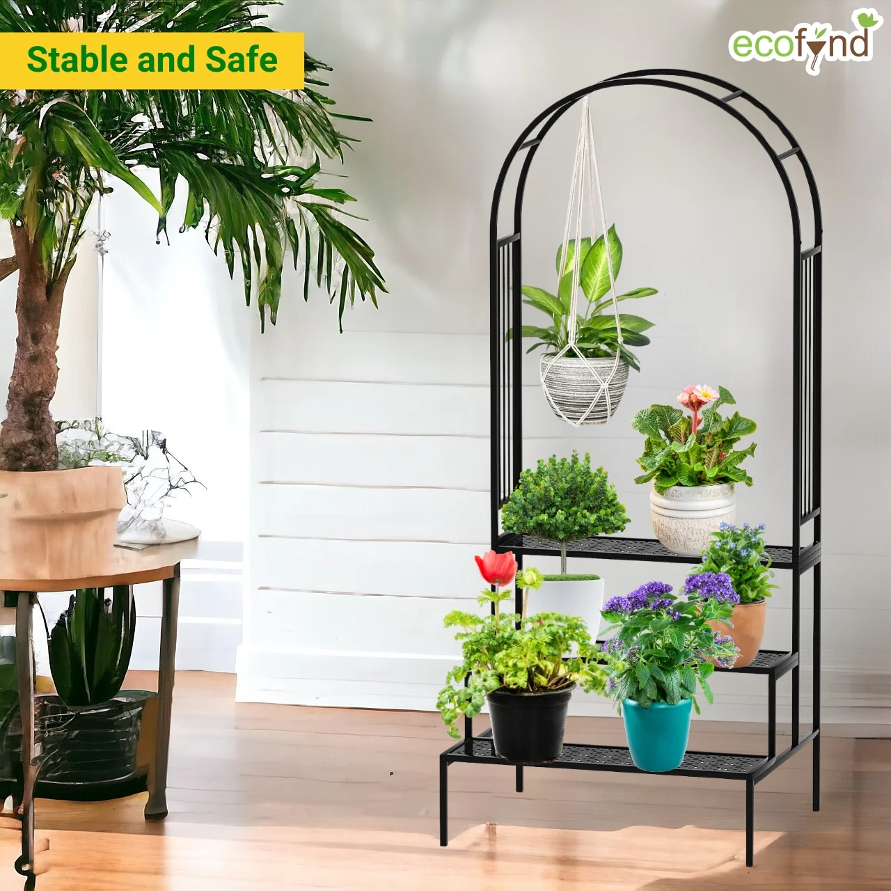 Metal Plant Stand with Arch Trellis | 3-Tier Ladder Design for Potted & Hanging Plants | Ecofynd - Image 3