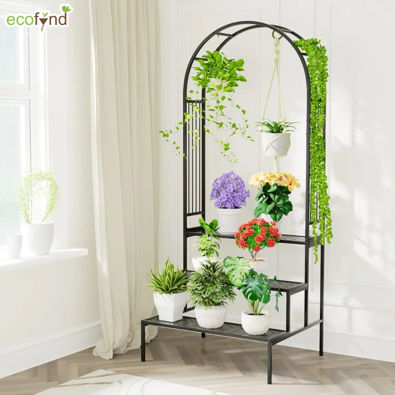 Metal Plant Stand with Arch Trellis | 3-Tier Ladder Design for Potted & Hanging Plants | Ecofynd - Image 6