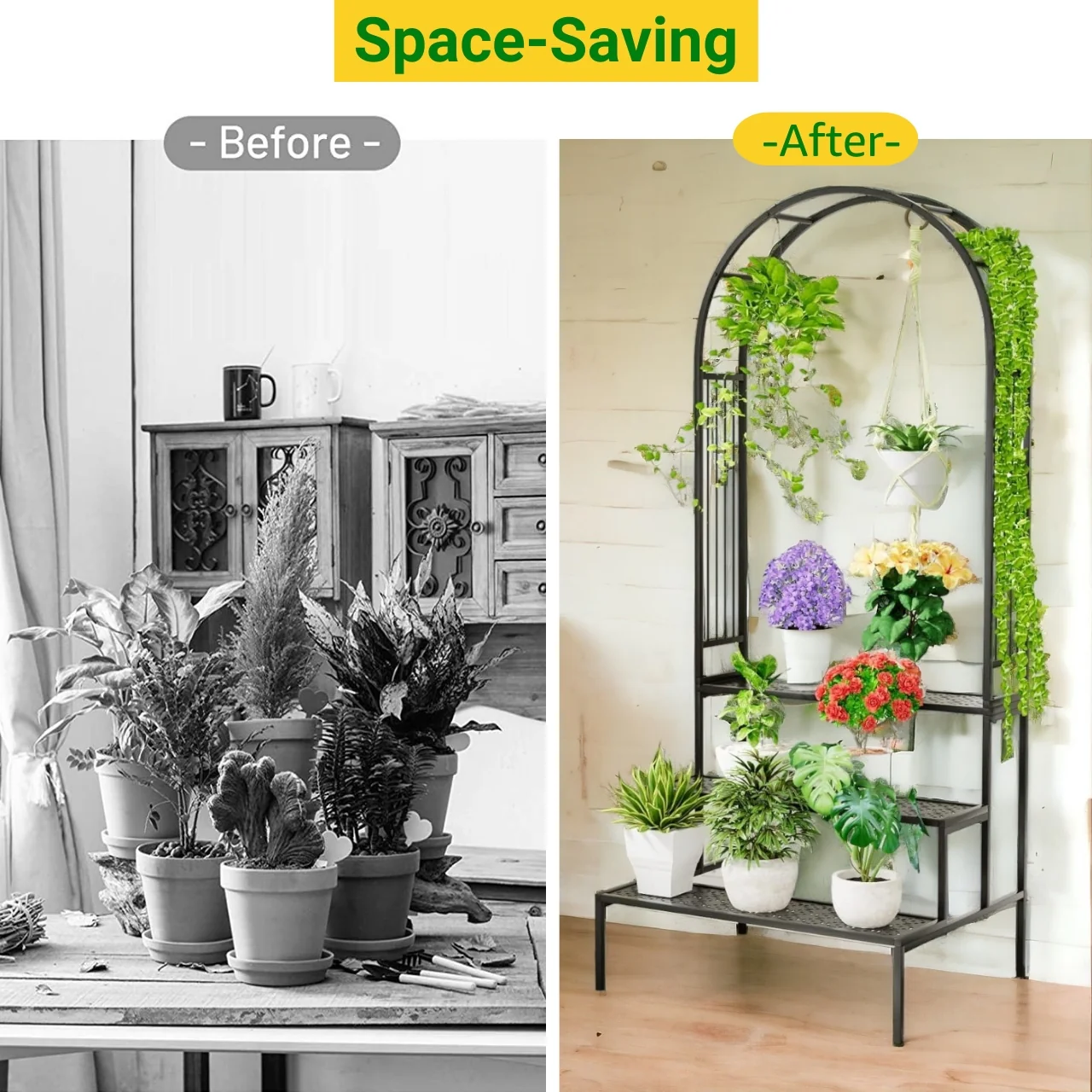 Metal Plant Stand with Arch Trellis | 3-Tier Ladder Design for Potted & Hanging Plants | Ecofynd - Image 7
