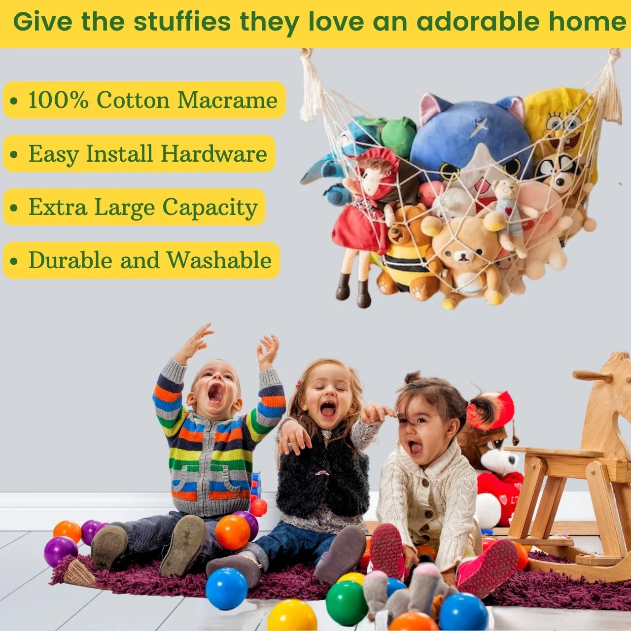 Macrame Toy Storage Hammock – Stylish & Space-Saving Organizer - Image 3